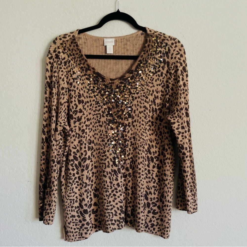 Chicoβs cheetah sweater top size 3 Large ribbed sequin stretchy sophisticated